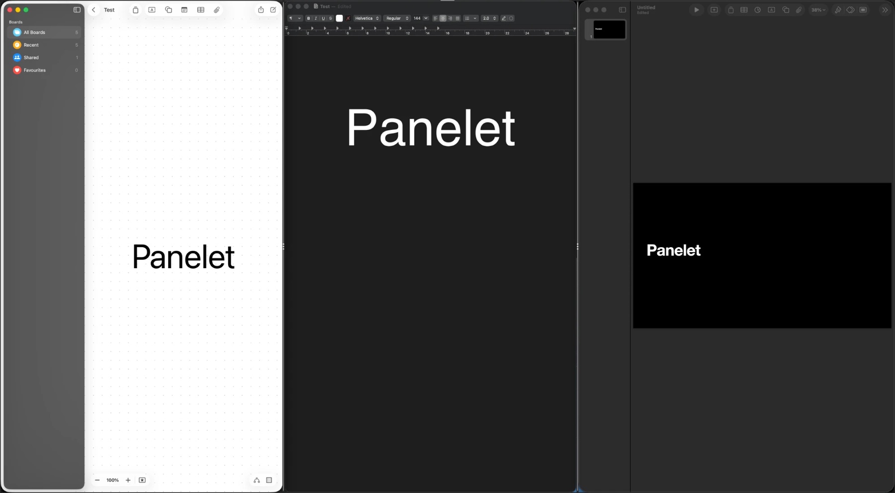 Freeform, TextEdit and Keynote side by side in three columns in one Panelet workspace